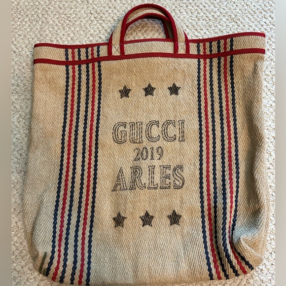 GUCCI Brown Jute Arles Printed Tote Bag - Picture 1 of 7